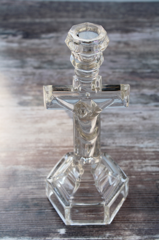 photo of vintage pressed glass Crucifix cross candlestick, tall candle holder for altar or shrine #6