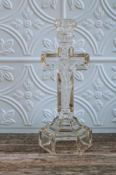 catalog photo of vintage pressed glass Crucifix cross candlestick, tall candle holder for altar or shrine