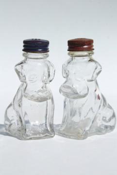 catalog photo of vintage pressed glass S&P shakers or candy containers, bulldog pit bull mastiff dogs