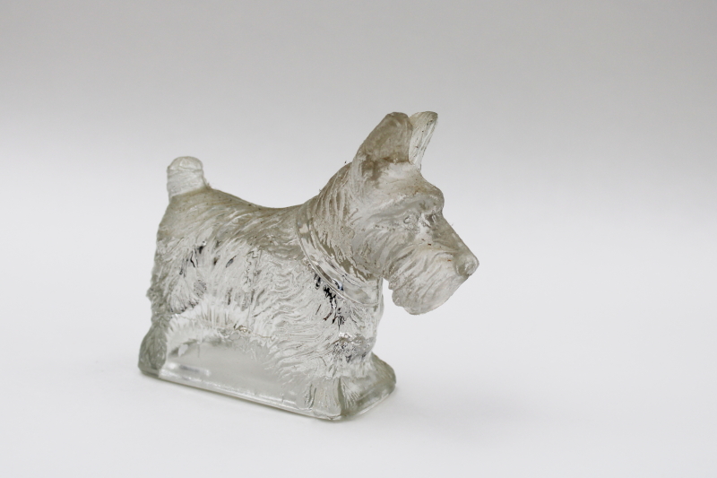 photo of vintage pressed glass Scottie dog figural candy container, clear glass Scotty #1