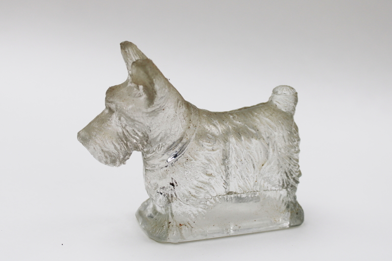 photo of vintage pressed glass Scottie dog figural candy container, clear glass Scotty #2