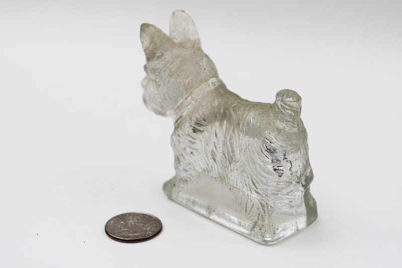 photo of vintage pressed glass Scottie dog figural candy container, clear glass Scotty #5