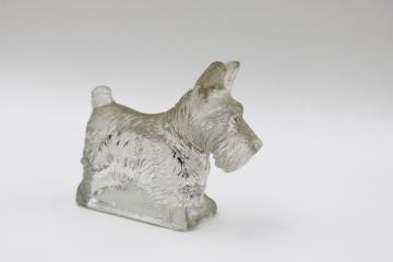catalog photo of vintage pressed glass Scottie dog figural candy container, clear glass Scotty