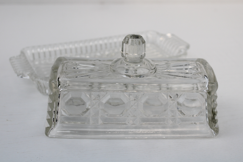 photo of vintage pressed glass butter dish, Federal glass Windsor pattern butter plate cover dome #7