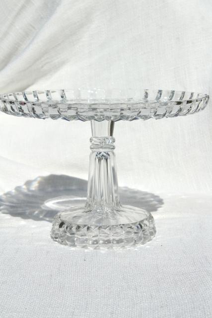 photo of vintage pressed glass cake stand, bullseye pattern pedestal plate in crystal clear glass #5