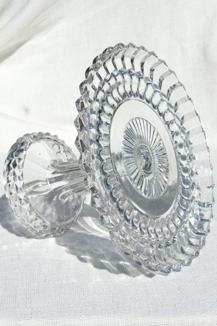 photo of vintage pressed glass cake stand, bullseye pattern pedestal plate in crystal clear glass #8