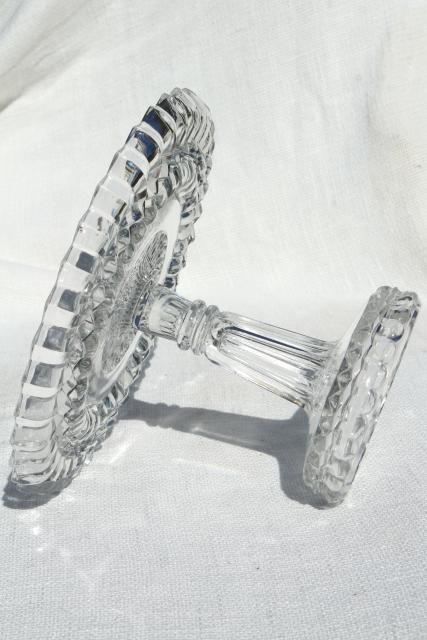 photo of vintage pressed glass cake stand, bullseye pattern pedestal plate in crystal clear glass #9