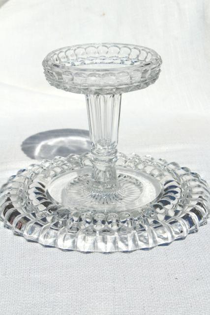 photo of vintage pressed glass cake stand, bullseye pattern pedestal plate in crystal clear glass #10
