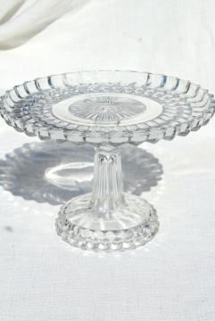 catalog photo of vintage pressed glass cake stand, bullseye pattern pedestal plate in crystal clear glass