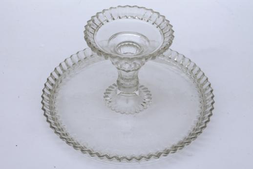 photo of vintage pressed glass cake stand, crystal clear pattern glass pedestal dessert plate #7