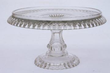 catalog photo of vintage pressed glass cake stand, crystal clear pattern glass pedestal dessert plate