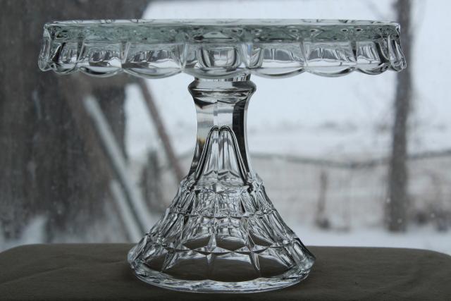 photo of vintage pressed glass cake stand dessert plate, crystal clear Constellation pattern #2