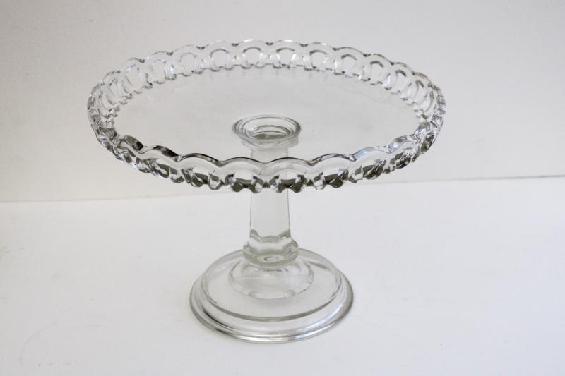 photo of vintage pressed glass cake stand, open lace edge pattern crystal clear glass #1