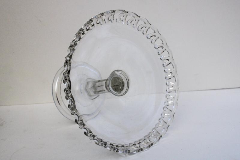 photo of vintage pressed glass cake stand, open lace edge pattern crystal clear glass #3