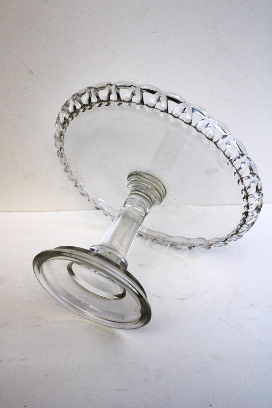 photo of vintage pressed glass cake stand, open lace edge pattern crystal clear glass #5