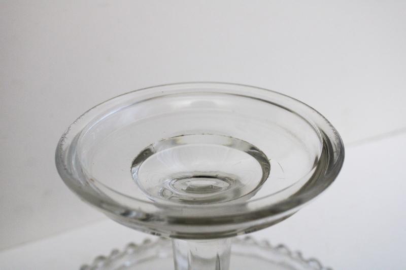 photo of vintage pressed glass cake stand, open lace edge pattern crystal clear glass #7