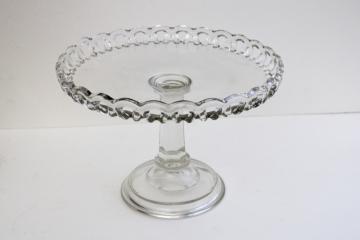 catalog photo of vintage pressed glass cake stand, open lace edge pattern crystal clear glass