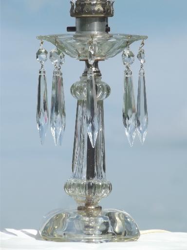 photo of vintage pressed glass chimney lamp, parlor mantle lamp with crystal prisms  #2