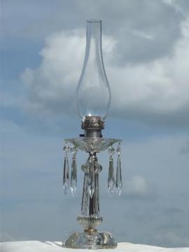 catalog photo of vintage pressed glass chimney lamp, parlor mantle lamp with crystal prisms 