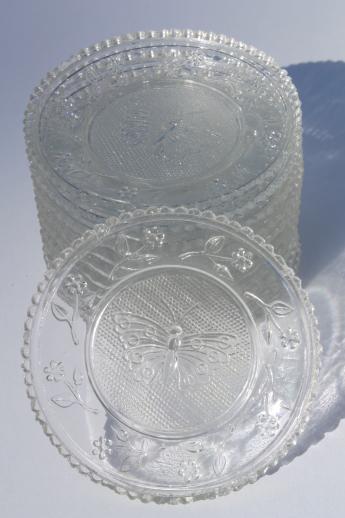 photo of vintage pressed glass cup plates w/ butterflies, butterfly pattern butter plate set #1