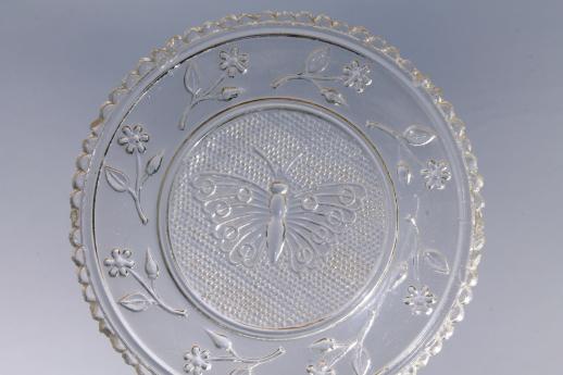 photo of vintage pressed glass cup plates w/ butterflies, butterfly pattern butter plate set #3