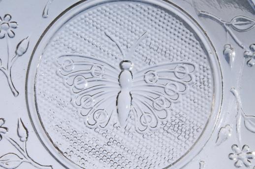 photo of vintage pressed glass cup plates w/ butterflies, butterfly pattern butter plate set #7