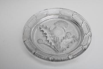 catalog photo of vintage pressed glass dish or cup plate w/ thistle, antique or reproduction?