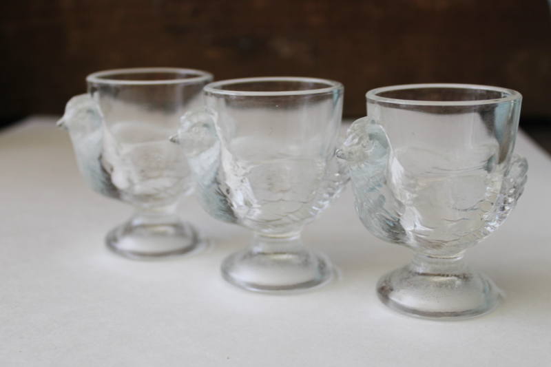 photo of vintage pressed glass egg cups, three hens for Easter, 12 days of Christmas #1