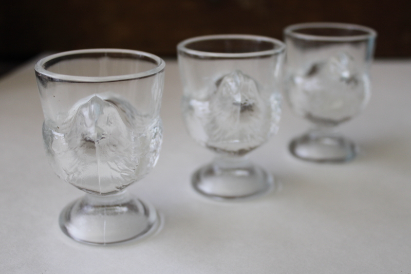 photo of vintage pressed glass egg cups, three hens for Easter, 12 days of Christmas #4