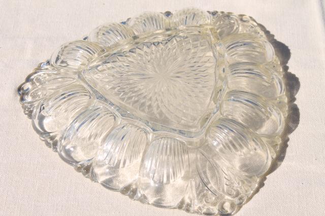 photo of vintage pressed glass egg plate, triangular shape serving tray for deviled eggs #5