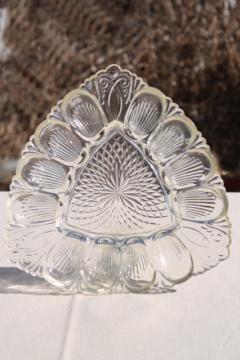 catalog photo of vintage pressed glass egg plate, triangular shape serving tray for deviled eggs