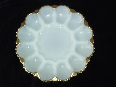 photo of vintage pressed glass egg plate white with gold #1