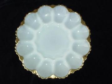 catalog photo of vintage pressed glass egg plate white with gold