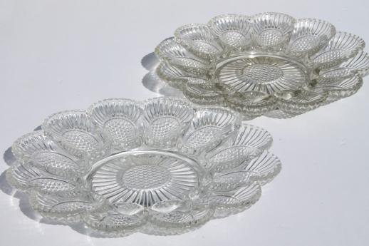 photo of vintage pressed glass egg plates, divided relish trays for deviled eggs #1