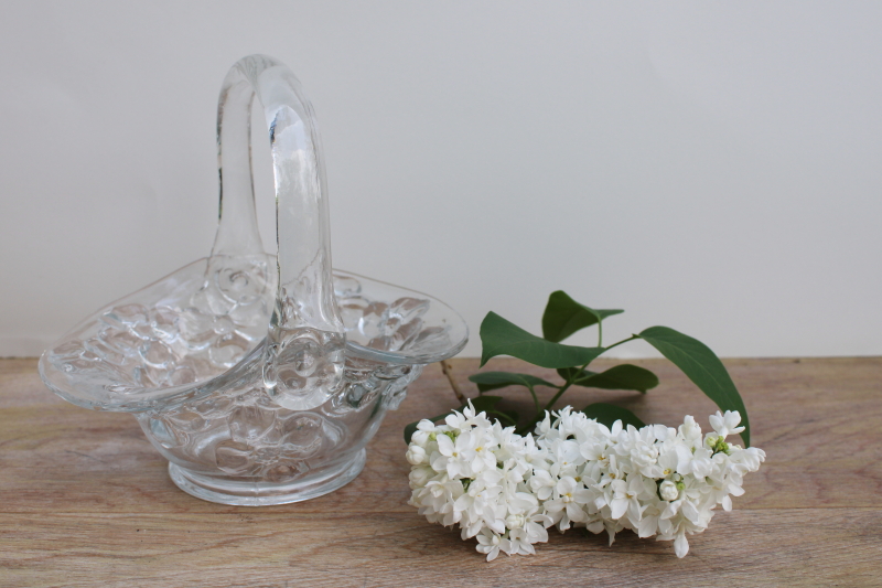 photo of vintage pressed glass flower basket, crystal clear Indiana glass dogwood pattern #1