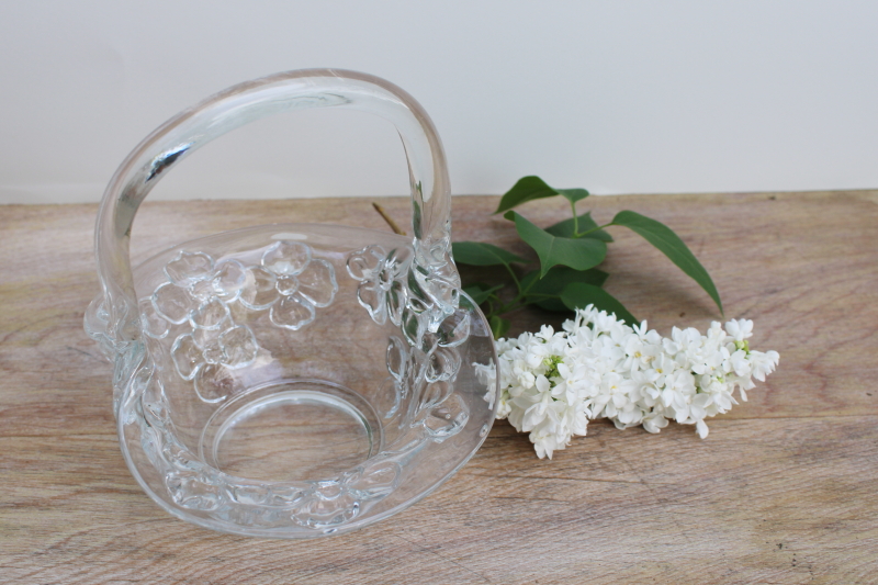 photo of vintage pressed glass flower basket, crystal clear Indiana glass dogwood pattern #3