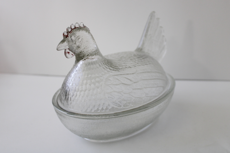 photo of vintage pressed glass hen on nest covered dish or trinket box, old Indiana glass #3