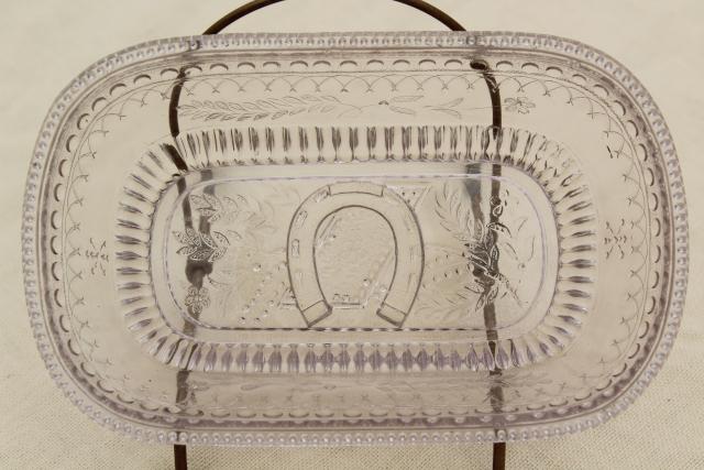 photo of vintage pressed glass jelly dish w/ embossed lucky horseshoe pattern #1