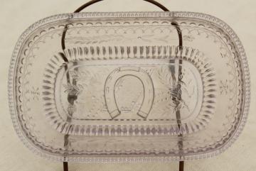 catalog photo of vintage pressed glass jelly dish w/ embossed lucky horseshoe pattern