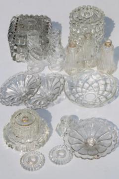 catalog photo of vintage pressed glass lamp bases & parts lot - bobeches for crystal chandeliers & hanging lights