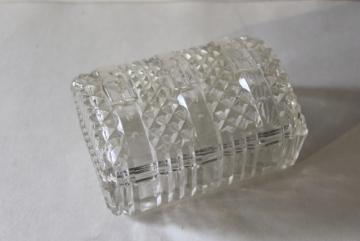 catalog photo of vintage pressed glass novelty, belted buckle box to hold coins or cigarettes