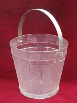 catalog photo of vintage pressed glass, old wooden pail pattern ice bucket w/ metal handle