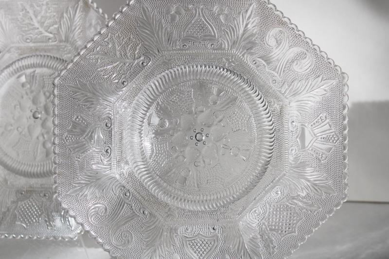 photo of vintage pressed glass plates octagon shape w/ thistle, harp, beehive pattern #2