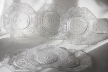 catalog photo of vintage pressed glass plates octagon shape w/ thistle, harp, beehive pattern