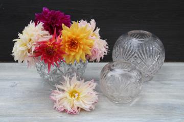catalog photo of vintage pressed glass rose bowls, collection of three heavy round glass vases for big flowers