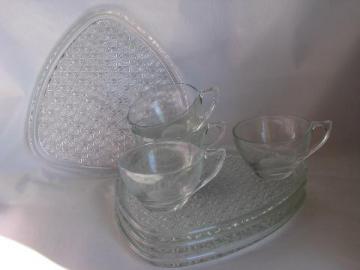 catalog photo of vintage pressed glass snack sets - cups, daisy & button plates, crystal color
