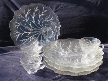 catalog photo of vintage pressed glass snack sets, tree of life pebble leaf pattern plates & cups