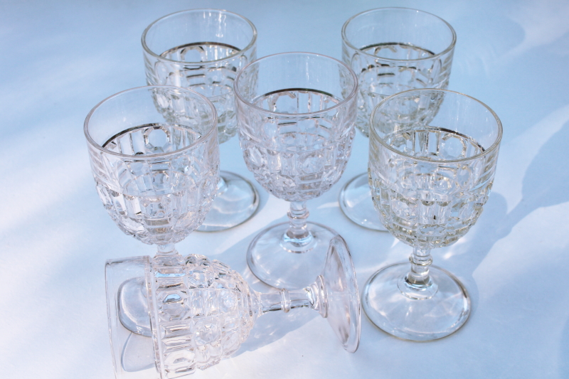 photo of vintage pressed glass water goblets or wine glasses cut rib waffle block & button pattern #2