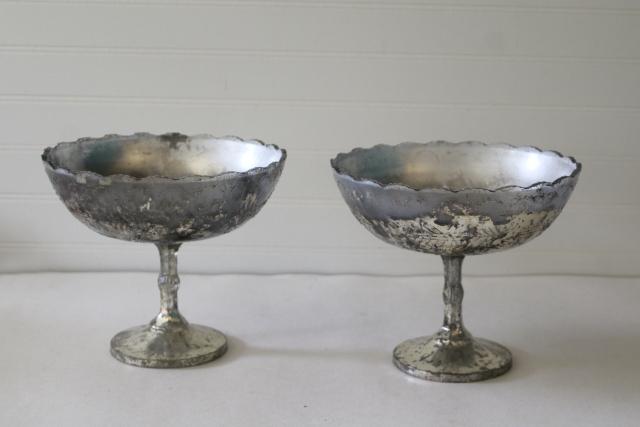 photo of vintage pressed pattern glass compote pedestal bowls, antique silvering silver mercury glass style #1