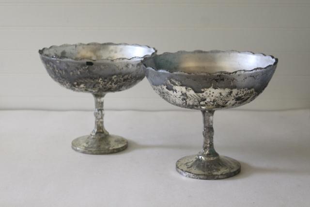 photo of vintage pressed pattern glass compote pedestal bowls, antique silvering silver mercury glass style #3